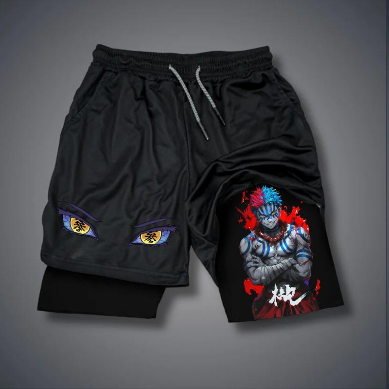 Demon Slayer Akaza  Upper Moon Three Anime 80s 90s Double-Layer Sports Shorts Graphic Shorts Black Camo Streetwear Shorts Men Outfits Men Vacation Outfits Shorts