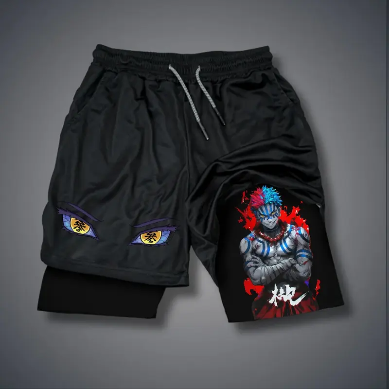 Demon Slayer Akaza  Upper Moon Three Anime 80s 90s Double-Layer Sports Shorts Graphic Shorts Black Camo Streetwear Shorts Men Outfits Men Vacation Outfits Shorts