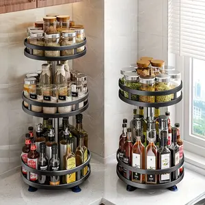 360-Degree Rotating Kitchen Organizer - Metal Spice Rack with Storage Containers for Seasonings, Oils, and Vinegar - Double/Triple Layer Options