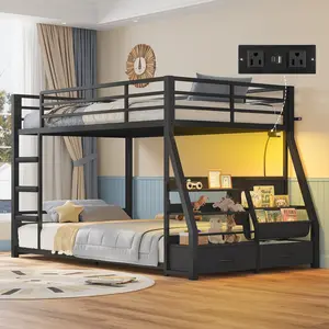 ADORNEVE Low Bunk Bed with Sling Bookshelves, Storage Drawers & Power Outlet, LED Metal Floor Bunk Twin Over Twin with Full-Length Guardrail & Metal Slats, No Box Spring Needed, for Kids