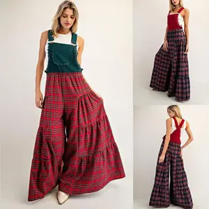 Women’s Christmas plaid work pants; two-tone Christmas plaid workwear; casual and holiday-style work pants; cute stretch jeans; jumpsuit; for Christmas parties