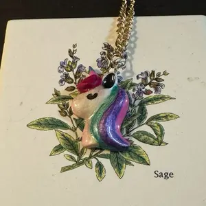 Autumn's Purple Door Polymer Clay Rainbow Unicorn with Gold Nickel Free Chain Necklace Unique Design Jewelry