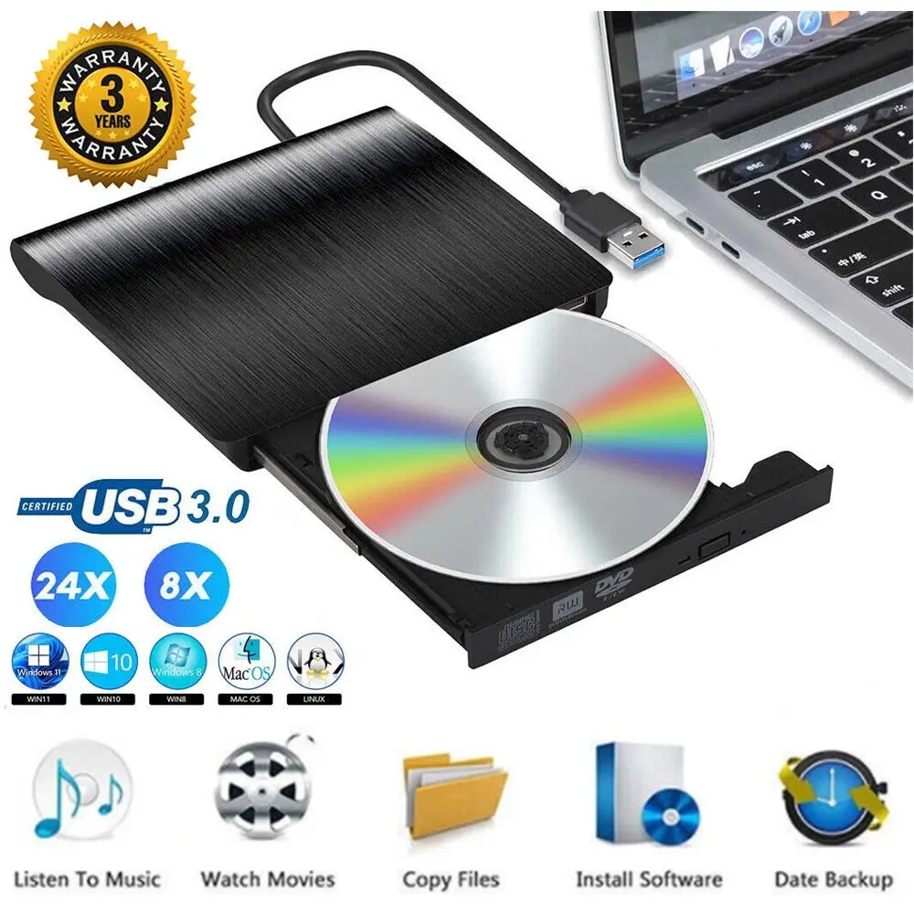 External CD DVD RW Drive USB 3.0, CD Writer Burner & DVD Player, Slim Aluminum Alloy, Stable Data Transmission, Forced Eject, Compatible with Windows Mac Linux Laptop Desktop