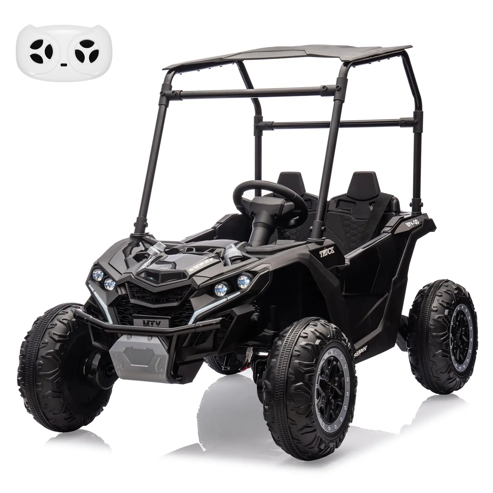 GARVEE 24V 2-Seater 4WD Electric Ride-On UTV Truck with Sun Shade, Remote Control, LED Lights, 4 Shock Absorbers, 3 Speeds, Horn, and Music Player in Black - Perfect Gift