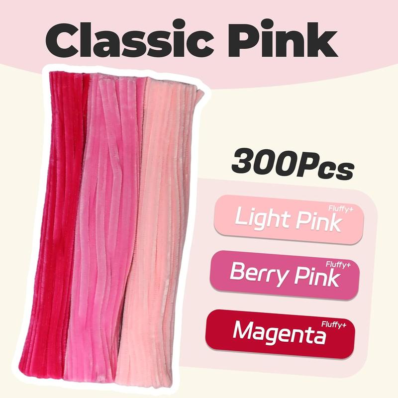 300 count Pink Pipe Cleaners Bulk - Fluffy Craft Pipe Cleaners for Arts & Crafts, Ideal for Making ,  & Decorations (12 x 0.24 inches)