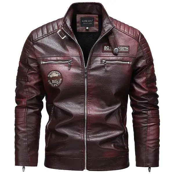 Men’s burgundy stand-collar motorcycle jacket — thickened, warm vintage riding outerwear suitable for motorcycle trips, street fashion styling, autumn/winter commuting, and outdoor cycling.