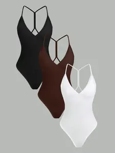Sexy V-Neck Ribbed Back Slim Fit Waist Crop Top, Perfect for High-Waisted Pants and Skirts, Versatile Three-Piece Set