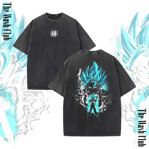 Blue Fusion Warrior Graphic Tee Vintage Acid Wash Charcoal Mineral Wash Retro Anime Streetwear Oversized T-Shirt Blue Aura Energy Blast Tee