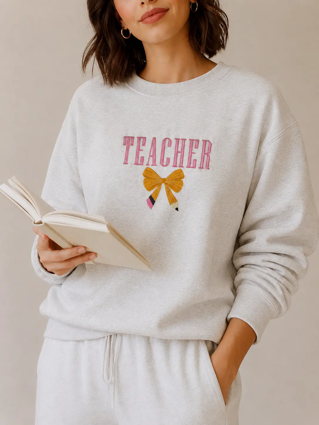Teacher Embroidered Sweatshirt, Cute Bow Pencil Crewneck, Back to School Teacher Gift, Teacher Appreciation Pullover