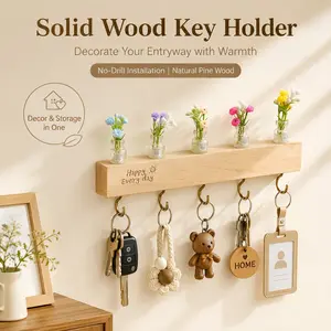 Cute Plant Keychain Holder (Wall-Mounted).No-Drill Solid Wood Key Holder for Wall, Aesthetic Entryway Organizer with Flower Design, 5 Metal Hooks & Mini Flower Vase. Self-Adhesive Wall Mounted Rack, Renter-Friendly Home Decor for Entryway & Hallway