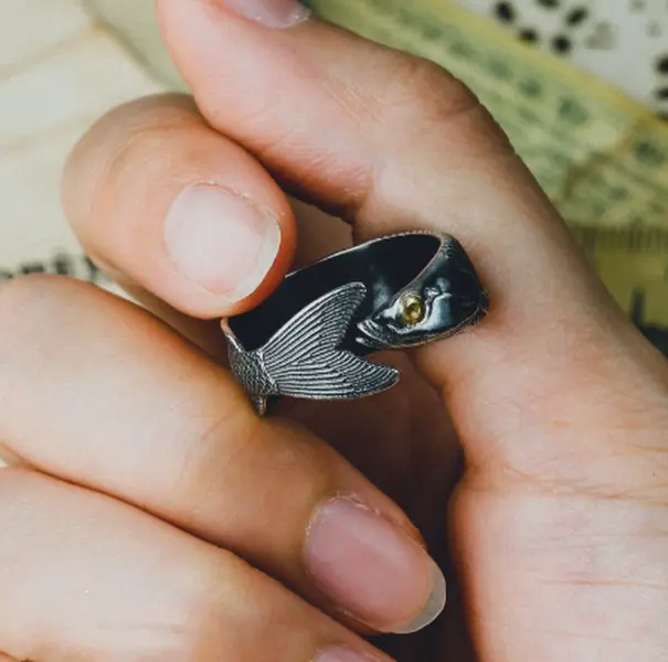 Chiba Original Fish-Shaped Ring, 925 Silver Open Comfort Band, Vintage Unique Adjustable Men's Fashion Ring
