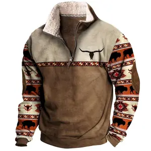 Western Fleece Jackets Men Aztec Fleece Fuzzy Pullover Winter Half Zip Stand Collar Vintage Western Sweater Pockets