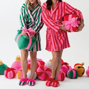 Women Winter Plush Robe Long Sleeve Lapel Tie-up Stripe Heart Candy Triangle Prints Sleepwear Loungewear Pajama Polyester