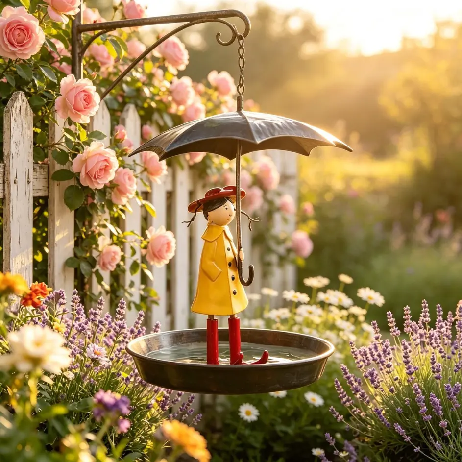 Metal Umbrella Girl Art Hanging Bird Feeder-Bath with Cottage Charm, Rainproof Umbrella Form Feeding/Bathing Station, Outdoor Tree Balcony Ornament, Housewarming Gift for Garden Enthusiasts (Home & Garden Supplies)