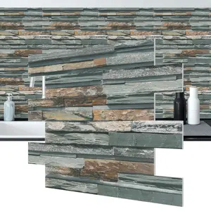 10/20PCS AST-G American PE Tile Stickers, Thickened Teal Grey Stacked Culture Stone Pattern Matte Waterproof Oil-Proof Anti-Collision Peel & Stick for Kitchen Bathroom Wall Decor