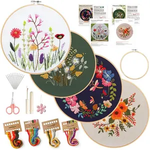 SQ-HDJ047 4 Pack Embroidery Kit for Beginners,Adults DIY Starter Kit,Cross Stitching Kits with Flower Stamped Patterns,Hoop,Tools,Colorful Threads with Needles,Step by Step Instructions,Hand Craft Lover Gift