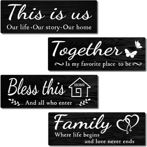4 PCS Rustic Wooden Home Wall Decor Signs, Hanging Living Room Decorations with Quotes THIS IS US/TOGETHER/BLESS THIS/FAMILY, Housewarming Gifts for Wedding Kitchen