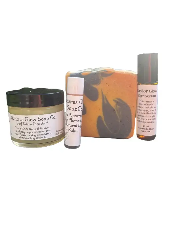 Features Glow Soap Co. Tallow Based Blemish Blend Skincare Routine - Balancing Blemish Fighting Face Bar with Turmeric ACV Charcoal Calendula Infused Healing Balm Frankincense Infused Under Eye Roller & Tallow Lip Balm