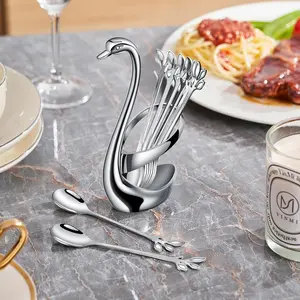 1 Elegant Swan Shaped Stainless Steel Cutlery Racks, 10 mini Spoons - Perfect for Ice Cream, Sugar, Salads, and More, Perfect for Catering Services