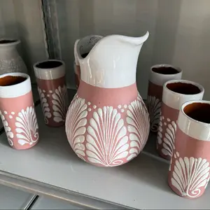 Pink Clay Pitcher with 6 tall cups