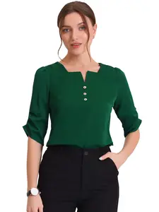 INSPIRE CHIC Square Neck Pleated Ruched Sleeve Chiffon Office Work Blouse Top