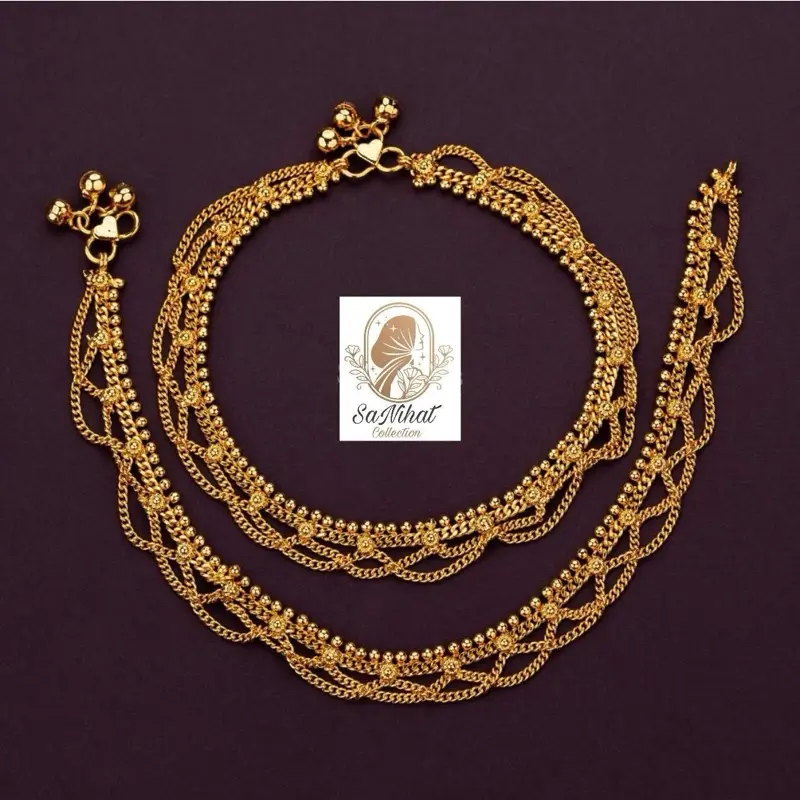 2 Line Gold Plated Payal Design Hanging Beads Design for Elegant Looks