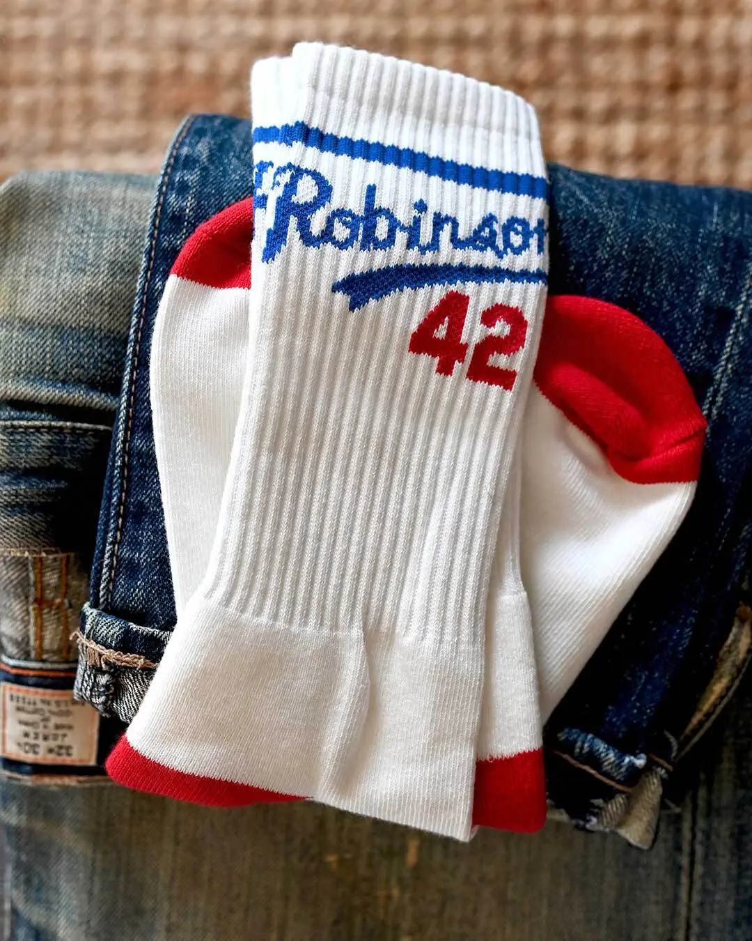 Menswear Jackie Robinson #42 Crew Socks for Men, Officially Licensed Jacquard Knit Cotton-Polyester Blend Socks for Baseball Fans