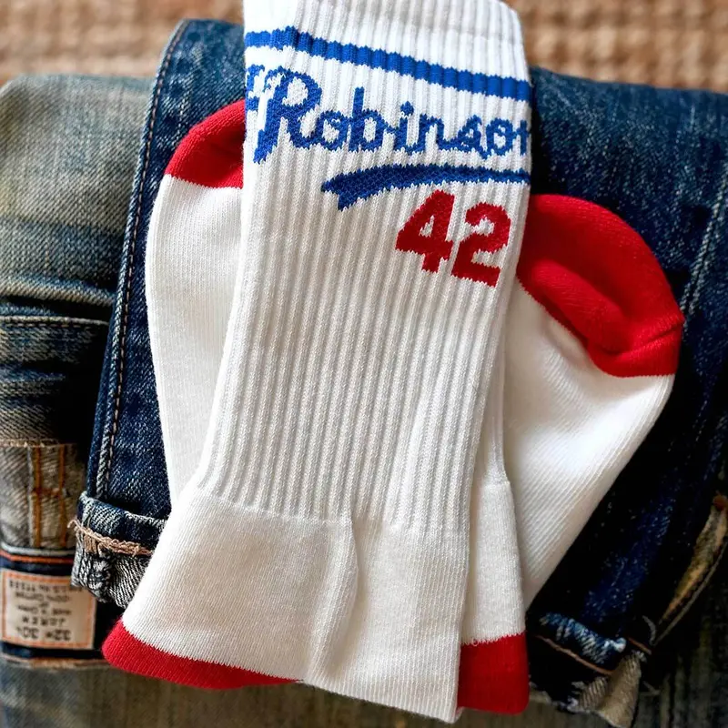 Men's Officially Licensed Jackie Robinson 42 Tribute Knit Mid-Calf Socks, Cotton-Blend with Elastane-Polyester, 42 Logo & Text, Baseball Element Design, One Size Fits Most, for Baseball Fans, Baseball Element Mid-Calf Socks