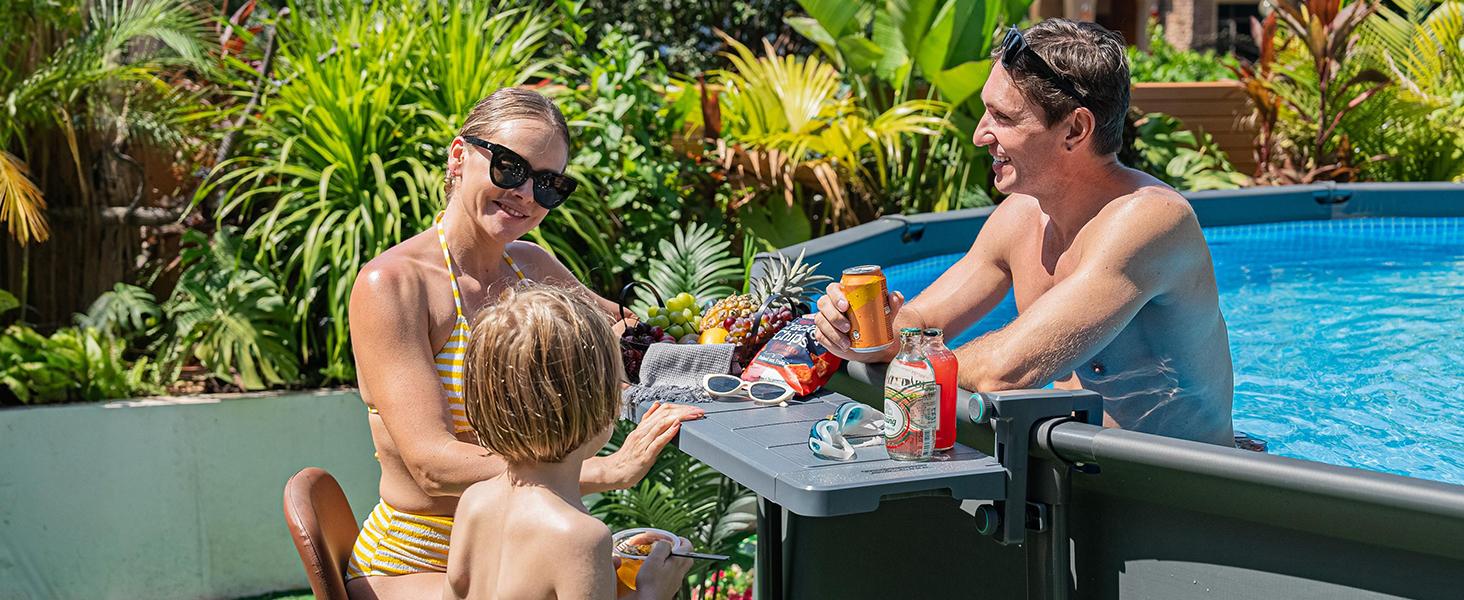 Poolside Bar, Swim Up Bar Exclusively for Above-Ground【Round & Oval 】 Pools. Patio Poolside Table Smart Fold Easy Maintenance, Weather Resistant Stable Tabletop