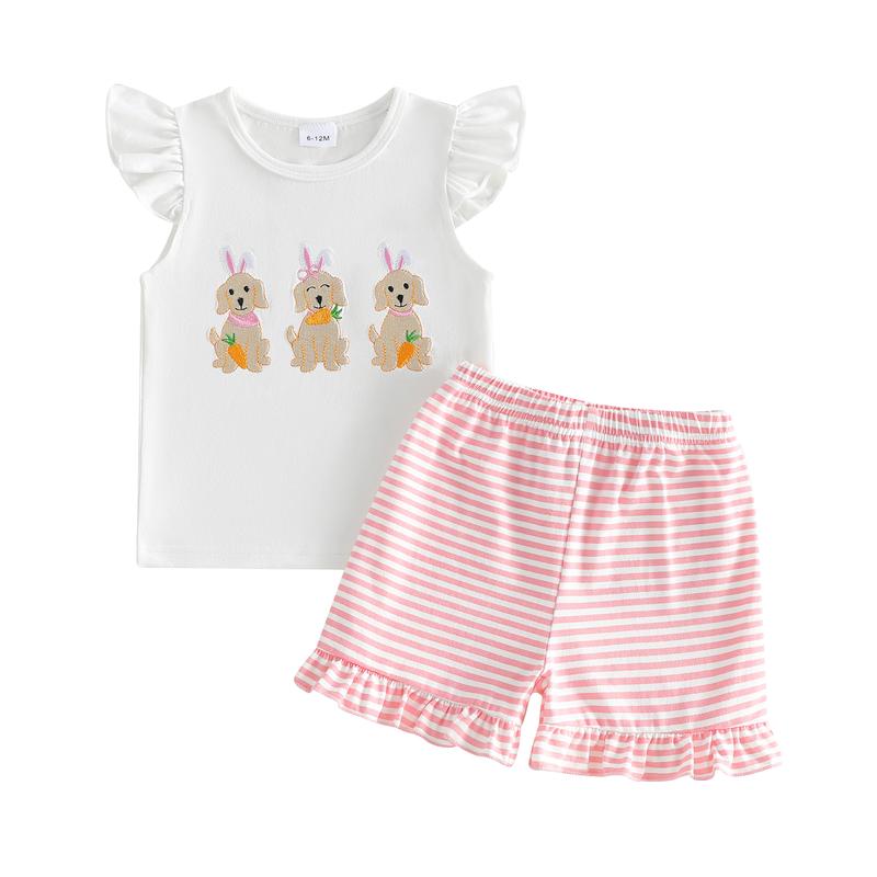 Little Kids Toddler Baby Girl Easter Outfit Fly Sleeve Dog Embroidery Shirt Top Stripe Shorts Set Summer Clothes