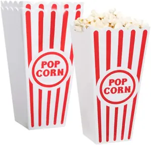 Plastic Red White Striped Classic Popcorn Containers for Movie Night - 7.8 inch Tall x 3.8 inch Square (4 Pack)