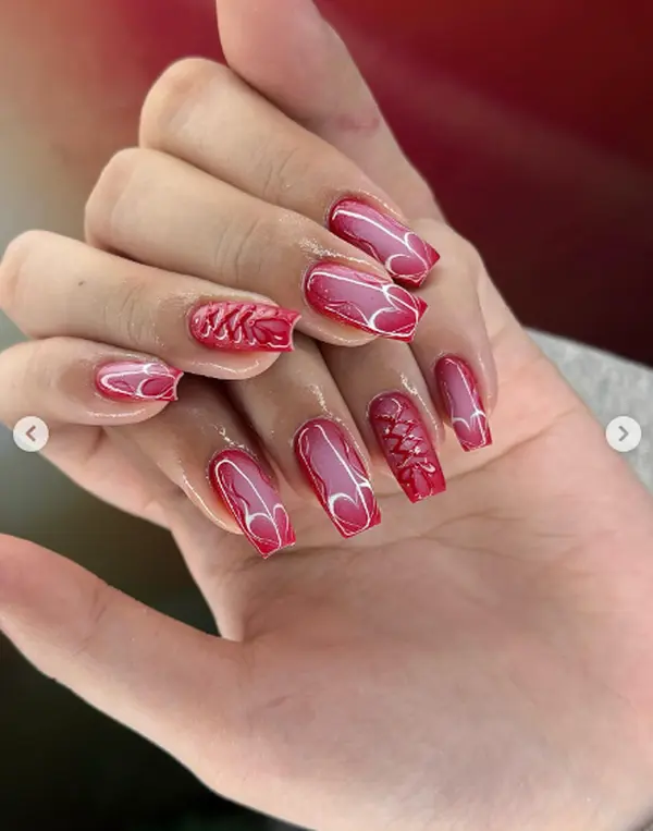 Hot Pink Aura Press On Nails, Red Tribal Flame Nail Art, Glossy Square Nails, Bold Y2K Airbrush Reusable Statement Manicure Set
