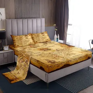 Nautical Island Map Bed Sheet,Vintage Old Map Pirate Ship Sheet Set,Ocean Ancient Pirate Skull Sheet,Bedroom Sheets with Deep Pocket Fitted Sheet