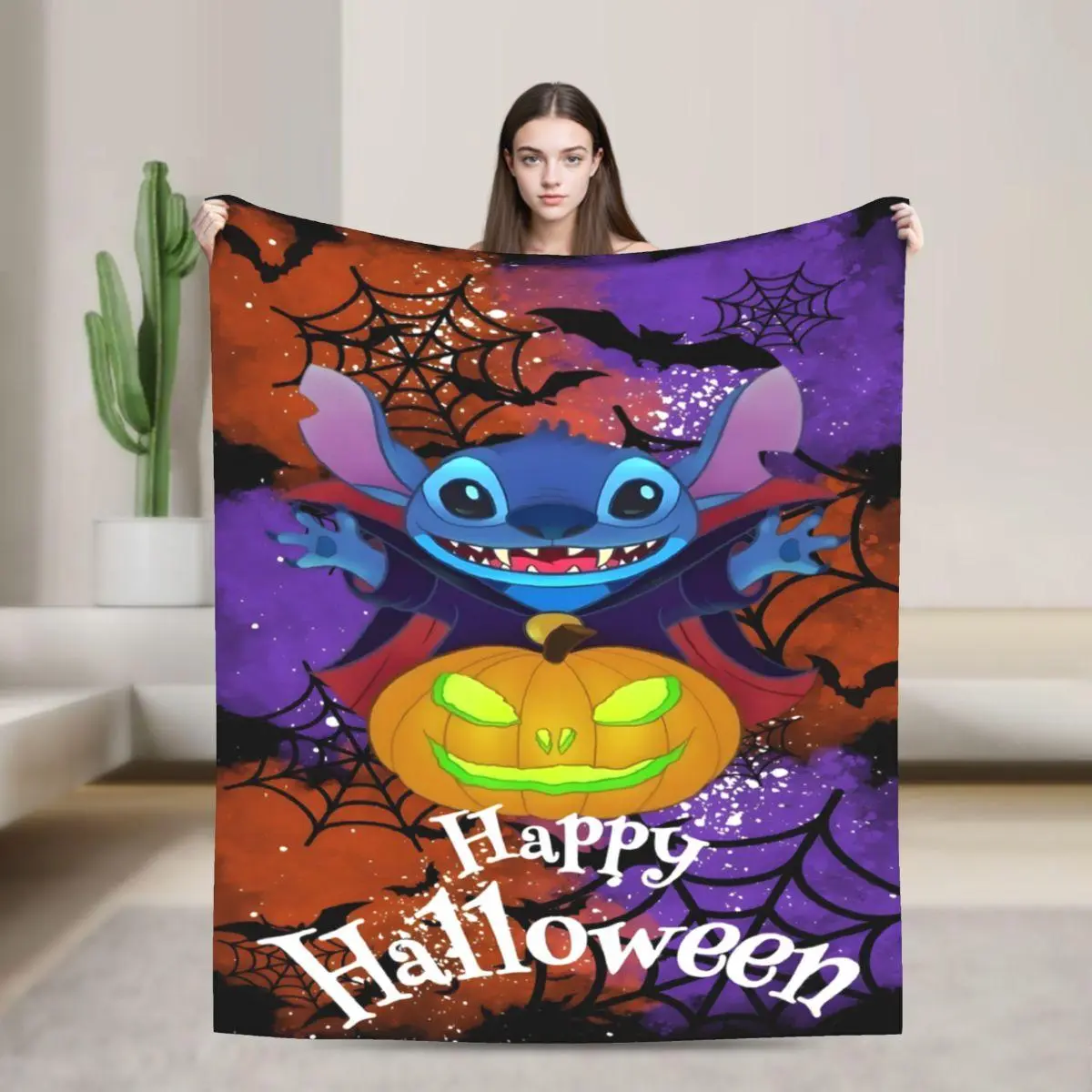 [SummerVibes] DISNEY CLASSIC Stitch Halloween Pumpkin Flannel Blanket - Soft, Warm, Lightweight with Vibrant Cartoon Design, Sofa, Bed, Office, Blanket for Couch