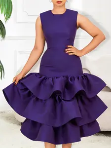 Elegant Sleeveless Evening Dress, Chic, Round Neck, Slim Fit, Ruffled Hem, Layered Ruffles, Medium-Length, Perfect for Cocktail Parties, Weddings, Formal Events