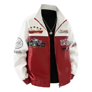 Men's fashion printed motorcycle jacket, zip closure, splicing contrast color design, fashionable and durable leather look, fashionable rider design, suitable for trends, suitable for casual wear and riding motorcycle jackets. Menswear Coats