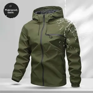 Men's simple waterproof and windproof jacket with zip hood; casual long-sleeved outdoor sports comfortable soft shell fabric, outdoor sports light jacket jacket with zip pocket; comfortable soft shell fabric, men's clothing for all seasons; men's clothing