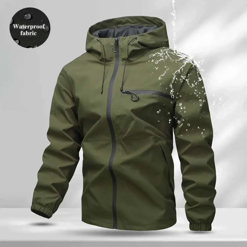 Men's Soft Shell Jacket, Chic Woven Solid Color Windproof & Waterproof Hooded Outerwear for Outdoor Workwear, Lightweight with Zip Pockets, Trending, Fitted Cut, Hoodie