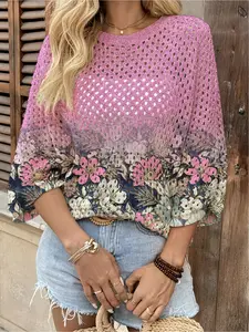 Spring and Summer Collection, Chic, Elegant: Round-neck open and loose batwing shoulder sleeve fitted pullover, color-blocked floral print women's knit top, beachy style, casual for work, bohemian beach-style seaside pullover