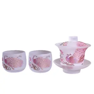 Frozen-Glazed Sancai Covered Bowl Chinese Peacock Tea Brewing Set Premium Household Kung Fu Tea Set