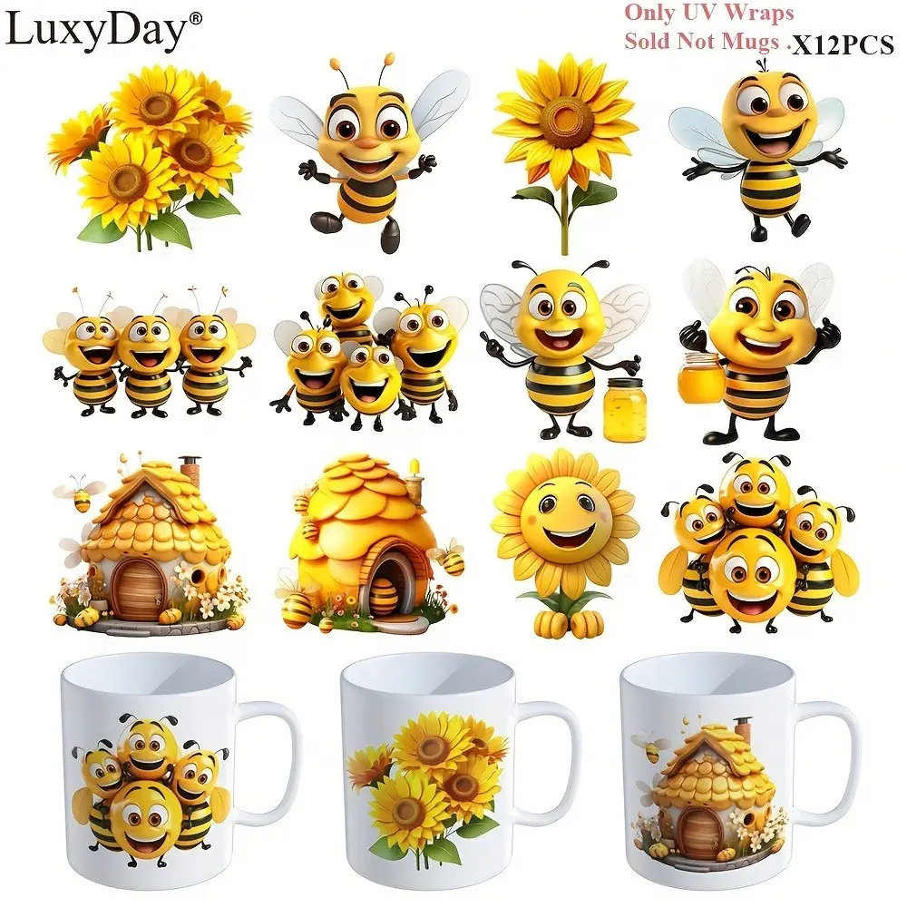 12pcs Bee Theme UV DTF Transfer Stickers- and Scratch-Resistant, DIY Decals, Cute Scrapbooking, Suitable for Mugs, Bottles, and Flat Surfaces, Featuring Smiling Bees and Sunflowers(UV Packaging Only, Mug Not Included), LuxyDay Brand