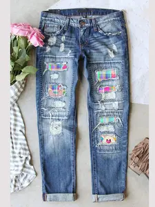 Women's Patch Ripped Distressed Mid-Waist Boyfriend Fit Washed Cute Easter Rabbits Eggs Print Animal Print Loose Denim Jeans Elastic Waistband Breathable Comfy for All Seasons Pants