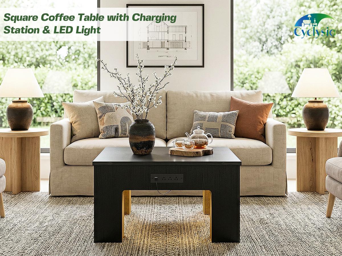 31.5" Square Coffee Table for Living Room, with Power Outlet and LED Lights, Modern Center Table with Sturdy Wooden Legs, Easy Assembly