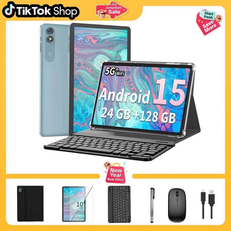 【TikTokShopJumpstartSale】Relndoo 2026 Android 15 10.1 inch Tablet with 24(4+20)GB+128GB, 1TB Expand, 2.4G/5G WiFi, 2026 New Set with keyboard, Case, Mouse, Stylus for Valentine’s Day Gift