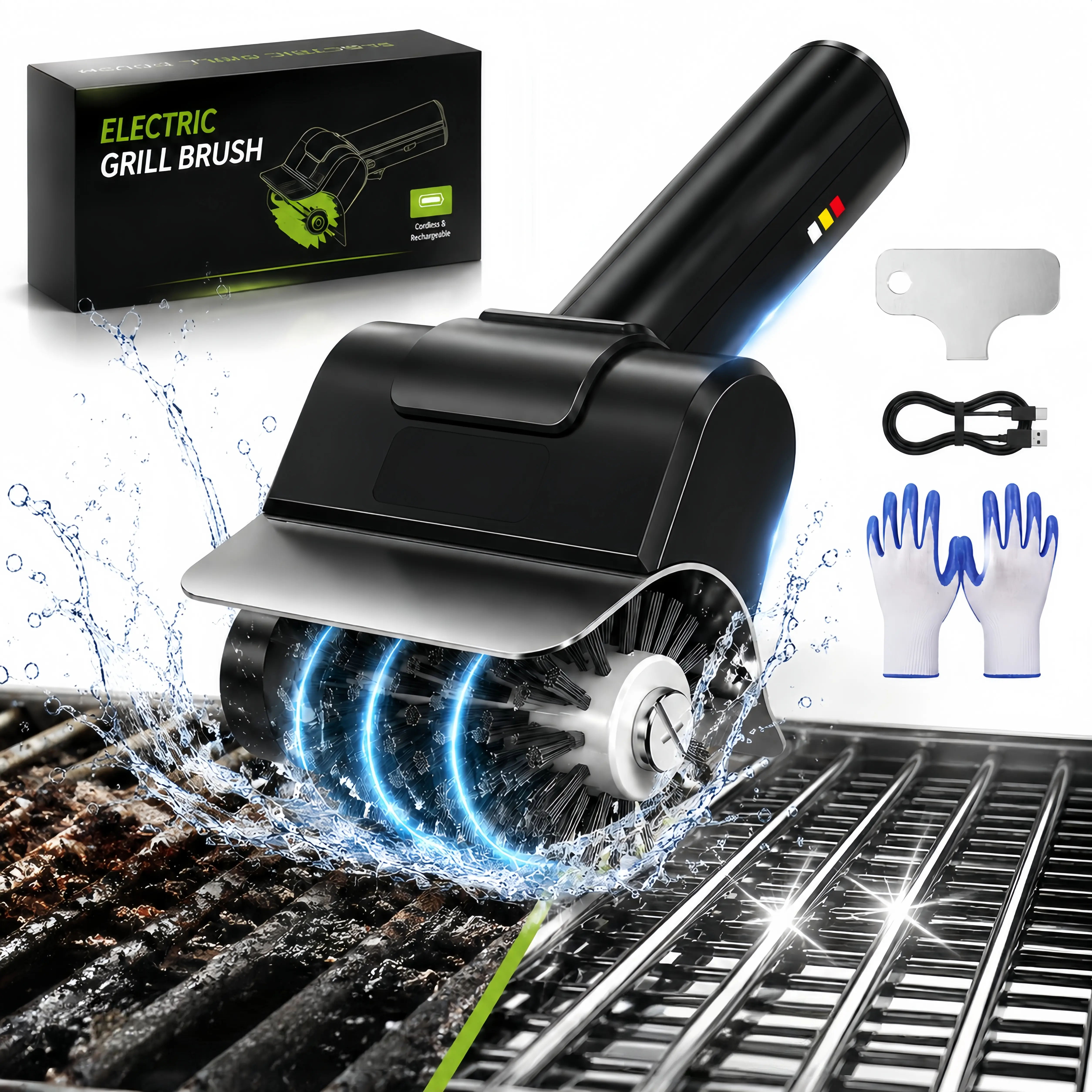 Electric Rotating Cleaning Brush — BBQ brush, rechargeable grill cleaning tool, powerful USB-C rechargeable brush, 1000 RPM motor, dual safety lock, compact design ideal for cleaning narrow gaps and hard-to-reach corners of the grill.