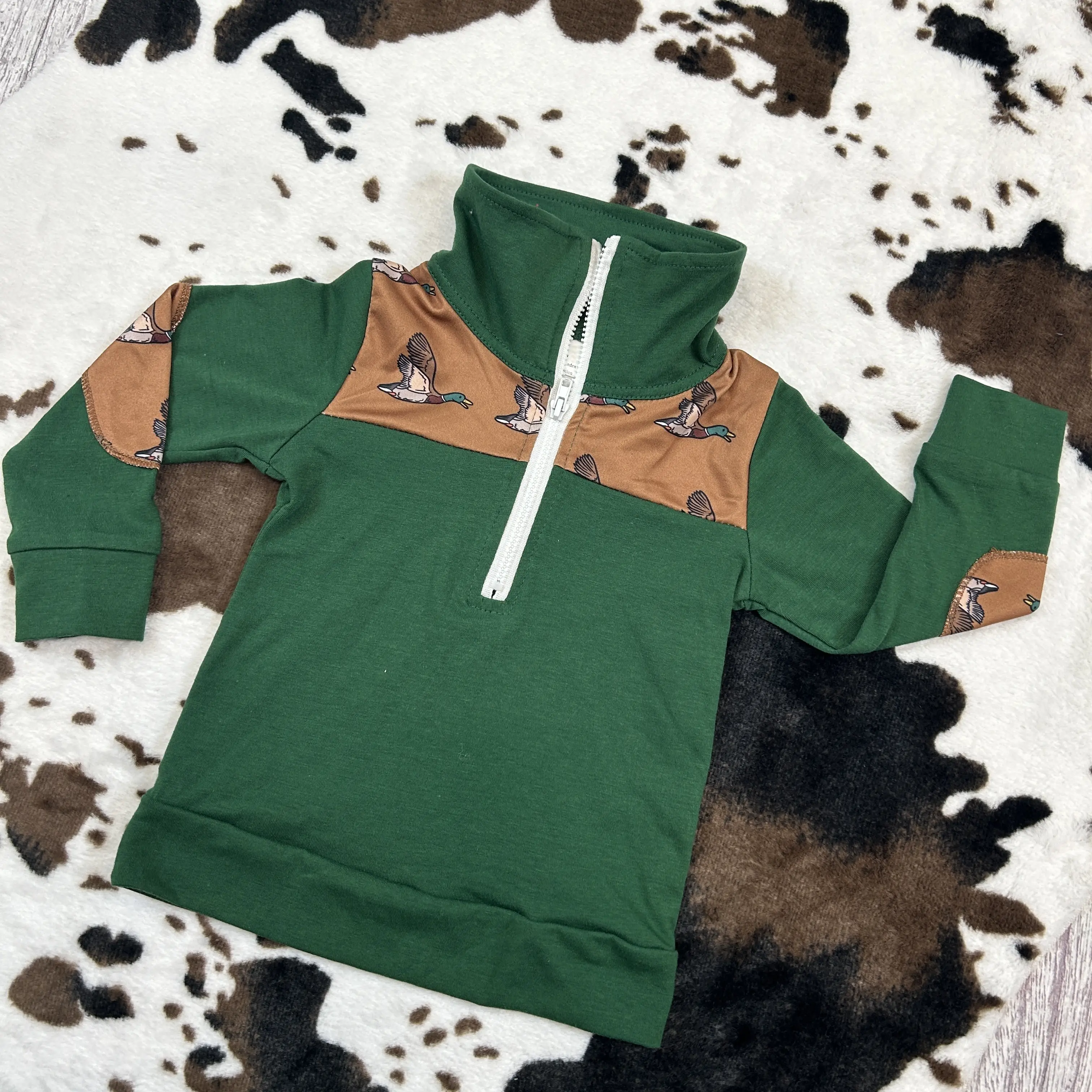 BT0280--boy pullover long sleeve mallard printed green cotton top