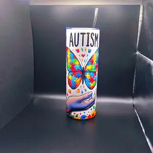 Wings of Acceptance Autism Awareness Design with Colorful Butterfly and Hand Symbolic Artwork Drinkware Steel Tumbler Puzzle Cup
