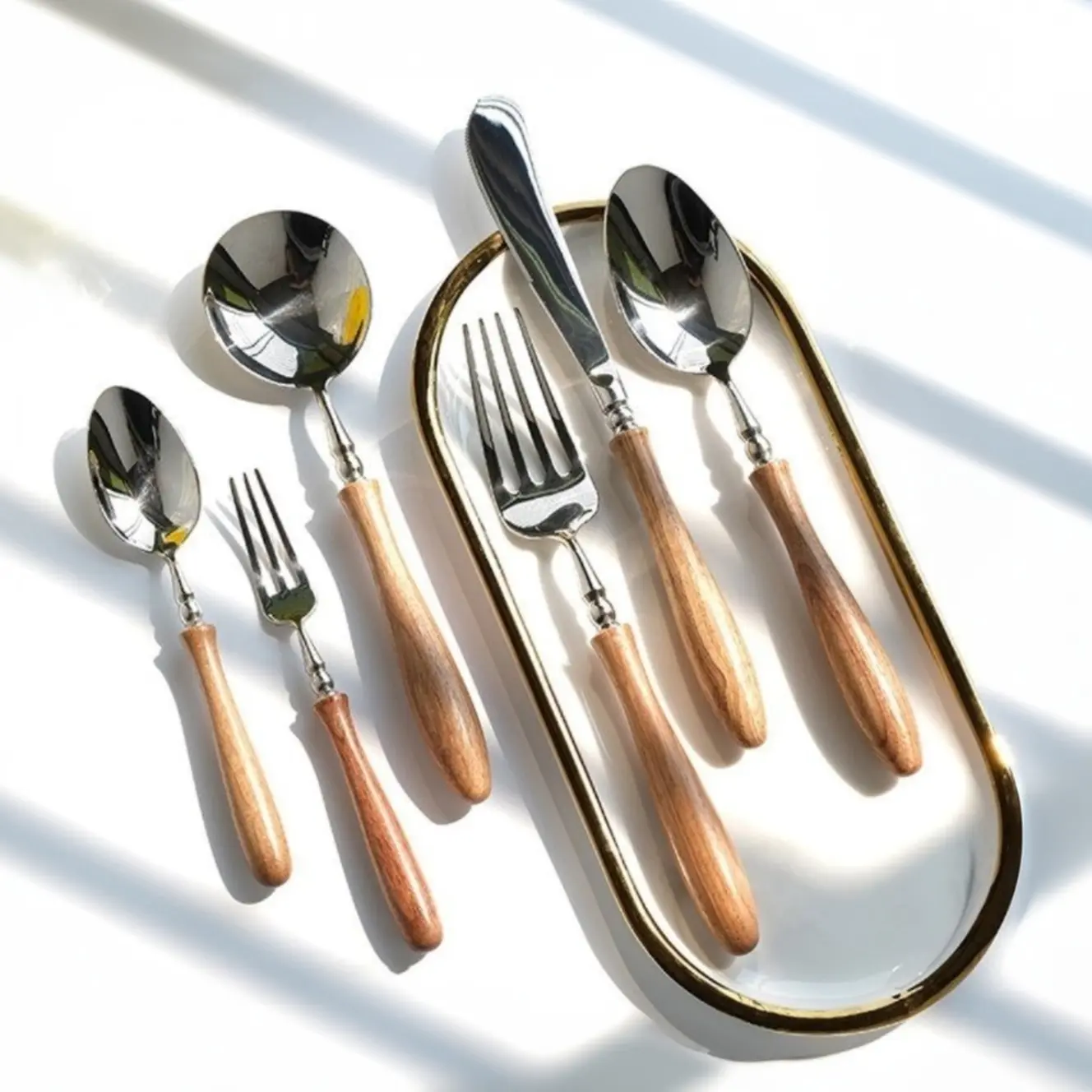 6-Piece Stainless Steel Silverware Flatware Set with Wooden Handle, Wood Cutelery Tableware Set, Mirror Polished Utensil, Wooden Handle Made of 100% PearWood (Service for 1)
