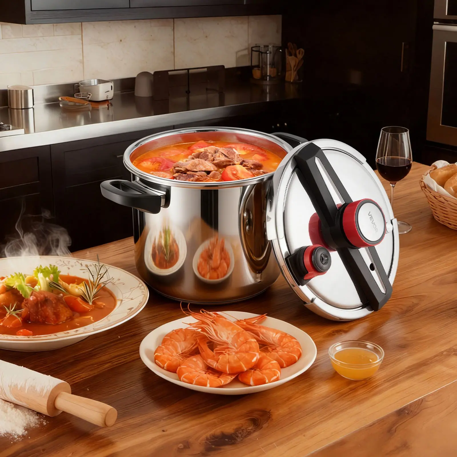 VEVOR Pressure Cooker, Cook up to 100 kPa, Pressures Canner with Steaming Rack, Tempered Glass Lid, Three Pressures Settings for Meat, Beans, Rice