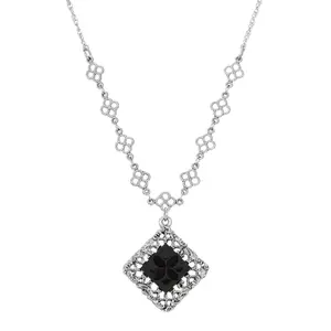 1928 Jewelry Belladonna Black Glass Stone Filigree Pendant Necklace 18"
